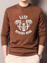 Skeleton Bike Print Knitted Sweater Men's Casual Warm Crew Neck Pullover