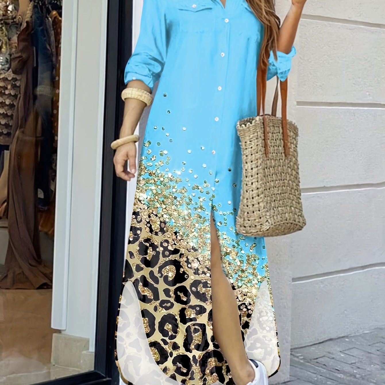 Leopard Print Maxi Shirt Dress Button Front Long Sleeve