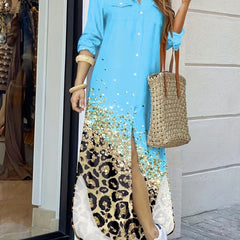 Leopard Print Maxi Shirt Dress Button Front Long Sleeve