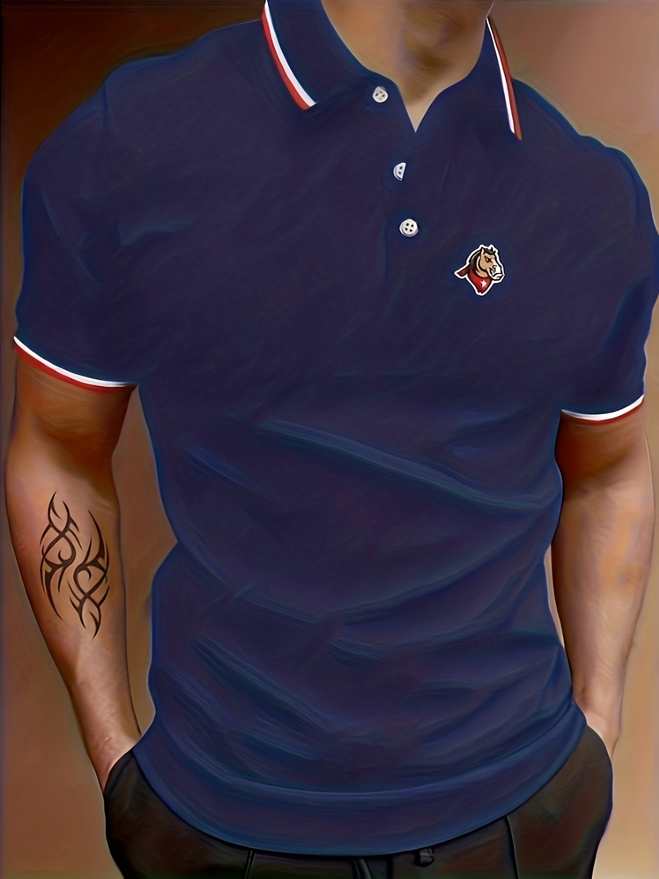 Men's Horse Head Graphic Polo Shirt Stretch Breathable Button Up Short Sleeve