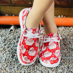 Women's Santa Claus Print Canvas Shoes Christmas Lace Up Outdoor
