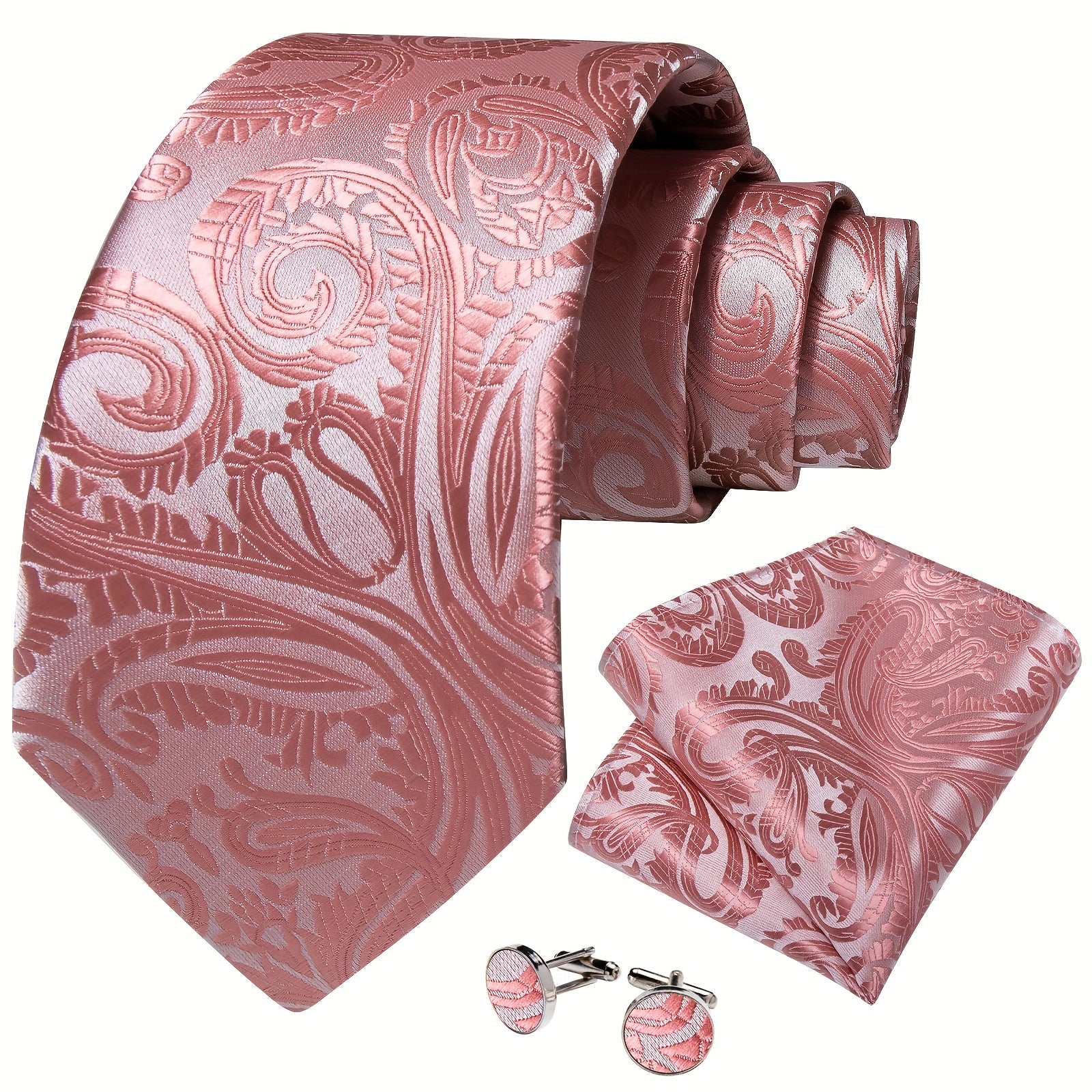 Dibangu Men's Pink Paisley Striped Silk Woven Necktie Set
