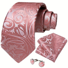 Dibangu Men's Pink Paisley Striped Silk Woven Necktie Set