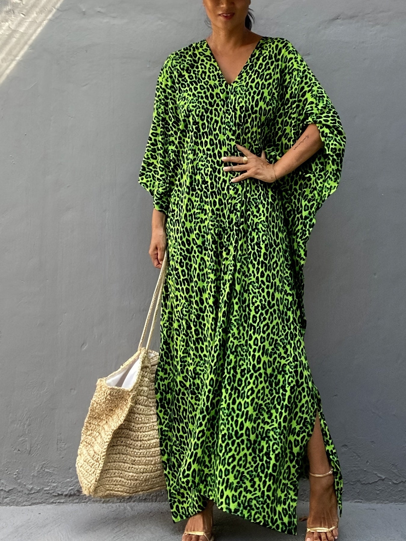 Leopard Print V Neck Split Thigh Kaftan Batwing Half Sleeve Kimono Cover Up