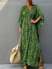 Leopard Print V Neck Split Thigh Kaftan Batwing Half Sleeve Kimono Cover Up