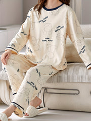Bear Print Pajama Set Long Sleeve Top & Pants Women's Sleepwear