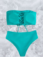 Lake Lace Up Bandeau 2 Piece Set Bikini Solid High Waist Swimsuit