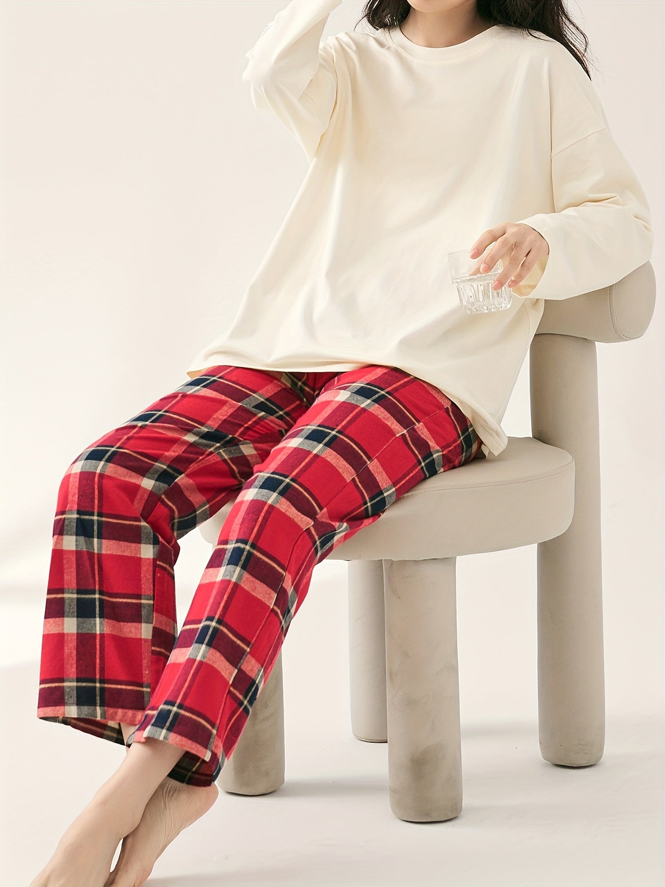 Soft Pajama Set Long Sleeve Top & Plaid Pants Women's Sleepwear