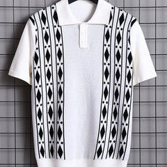 Turn Down Collar Shirt Contrast Buttons Short Sleeve Knit Shirt