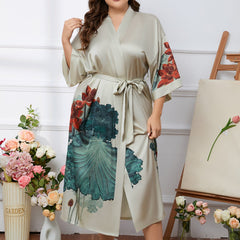 Women's Lotus Print Satin Nightgown with Belted Robe