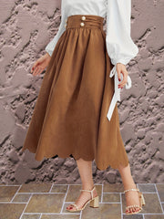 Pleated Scallop Trim Midi Skirt Vintage High Waist Skirt