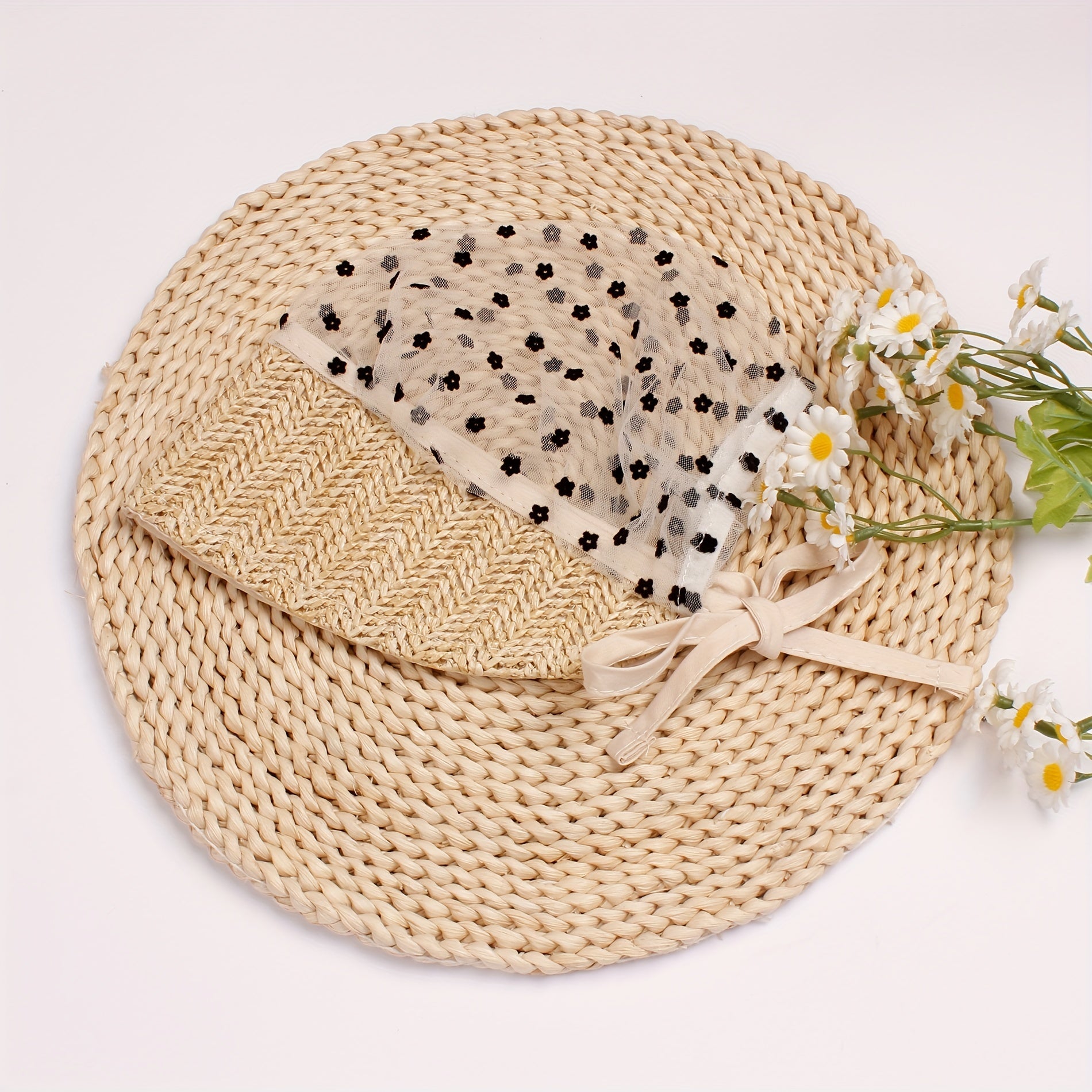Breathable Lace Flower Straw Braided Baby Beach Hat