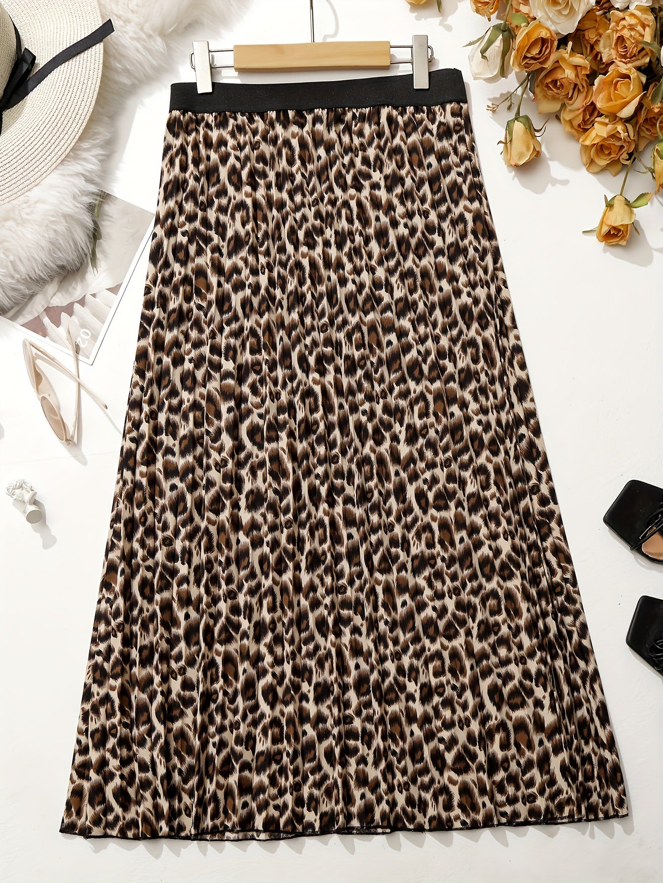 Leopard Print Elastic Waist A-line Pleated Skirt