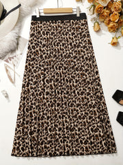 Leopard Print Elastic Waist A-line Pleated Skirt