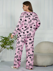 Heart & Letter Print Pajamas Set Long Sleeve Tee & Pants 2 Piece Set