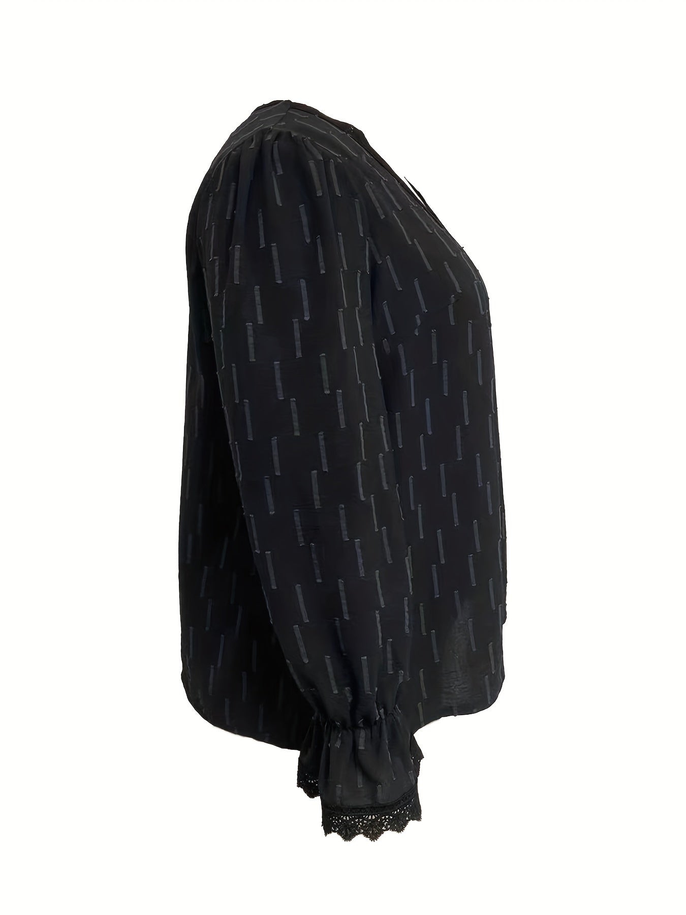 Plus Size Stripe Print Lace Lantern Sleeve V Neck Top