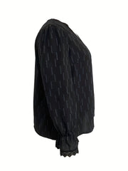 Plus Size Stripe Print Lace Lantern Sleeve V Neck Top