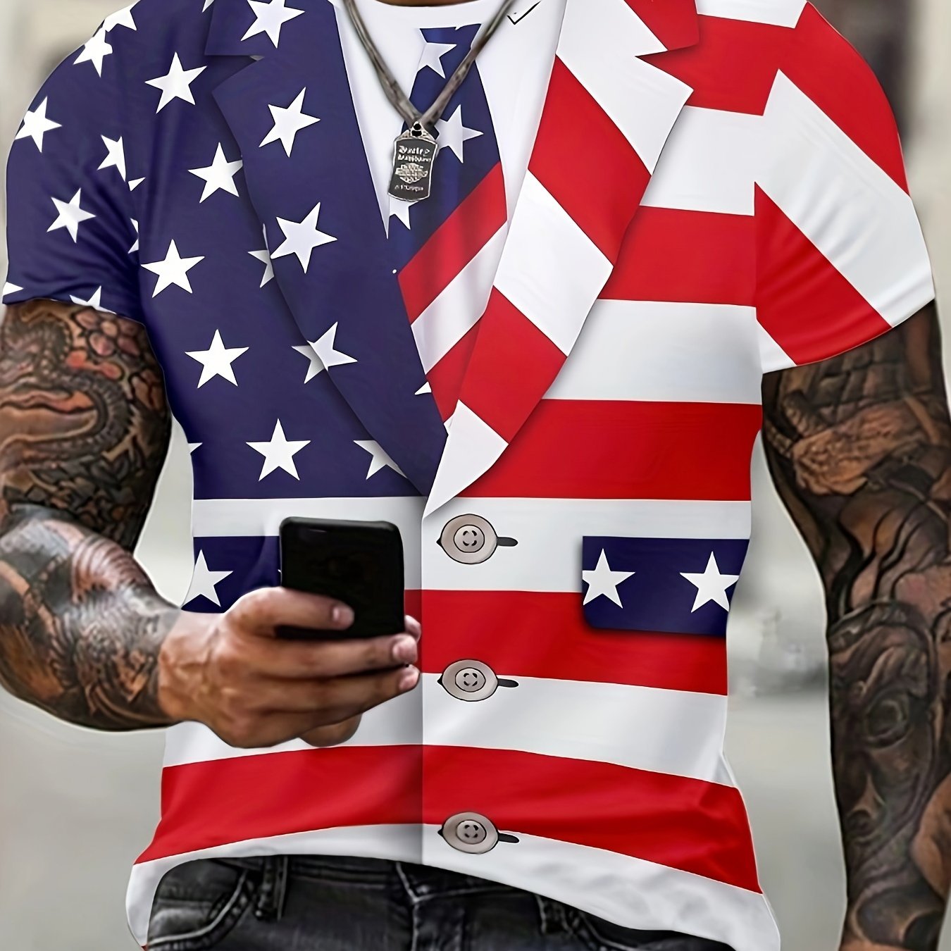 Flag Print T-shirt Men's Casual Street Style Tee Shirt For Summer
