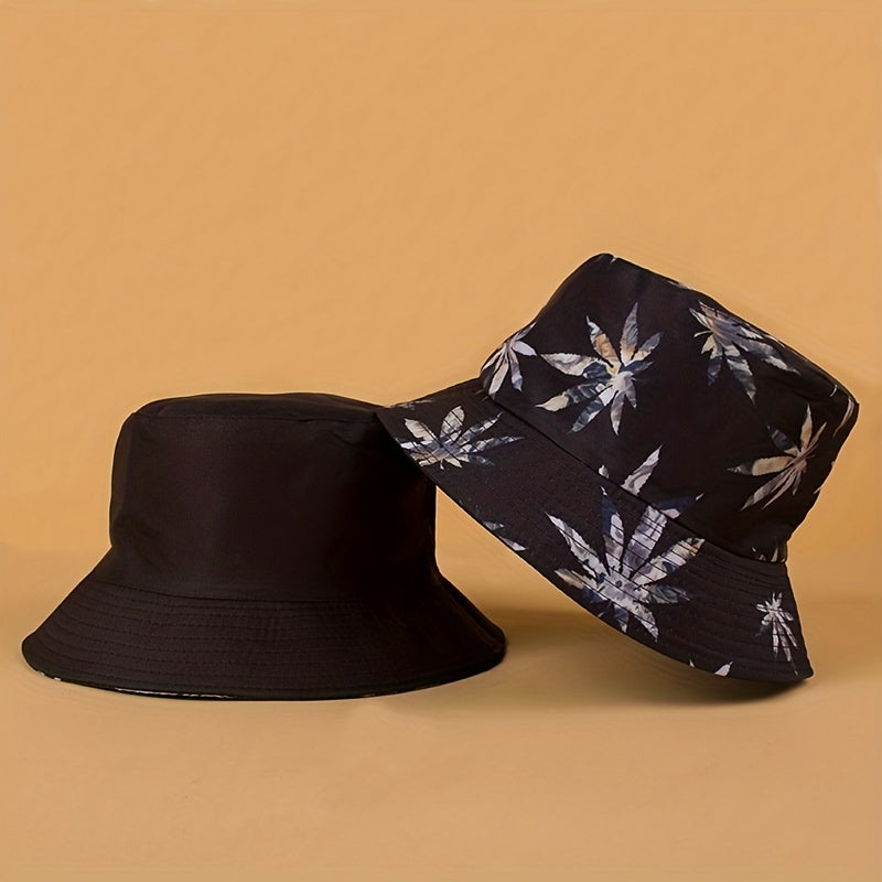 Leaf Print Bucket Hat Hip Hop Reversible Basin Hat Lightweight Sunscreen Fisherm