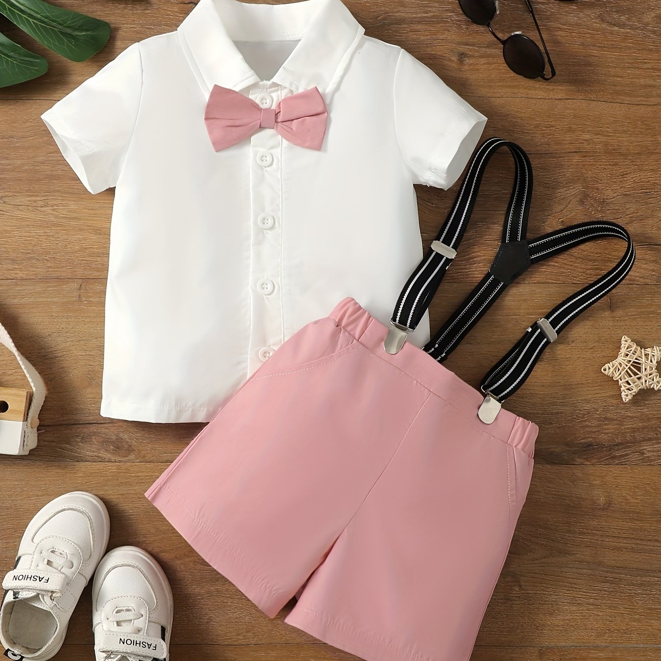 2pcs Baby Boys Short Sleeves Shirt & Suspender Shorts Set