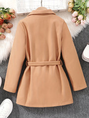 Girls Lapel Neck Windbreaker Jacket Double Breasted Overcoat