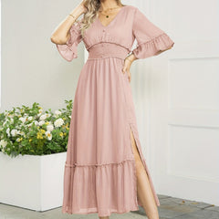 Ruffle Trim Solid Dress Shirred V Neck Split Thigh Dress Women's Clothing