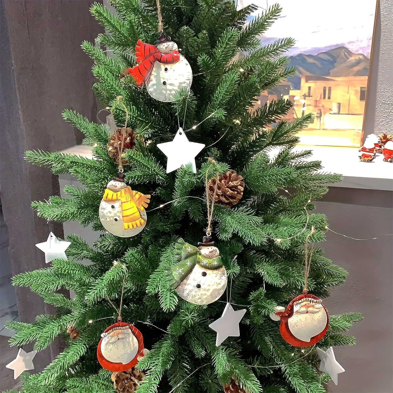 5pcs Double Sided Christmas Tree Ornaments Tin Santa Snowman Ornaments