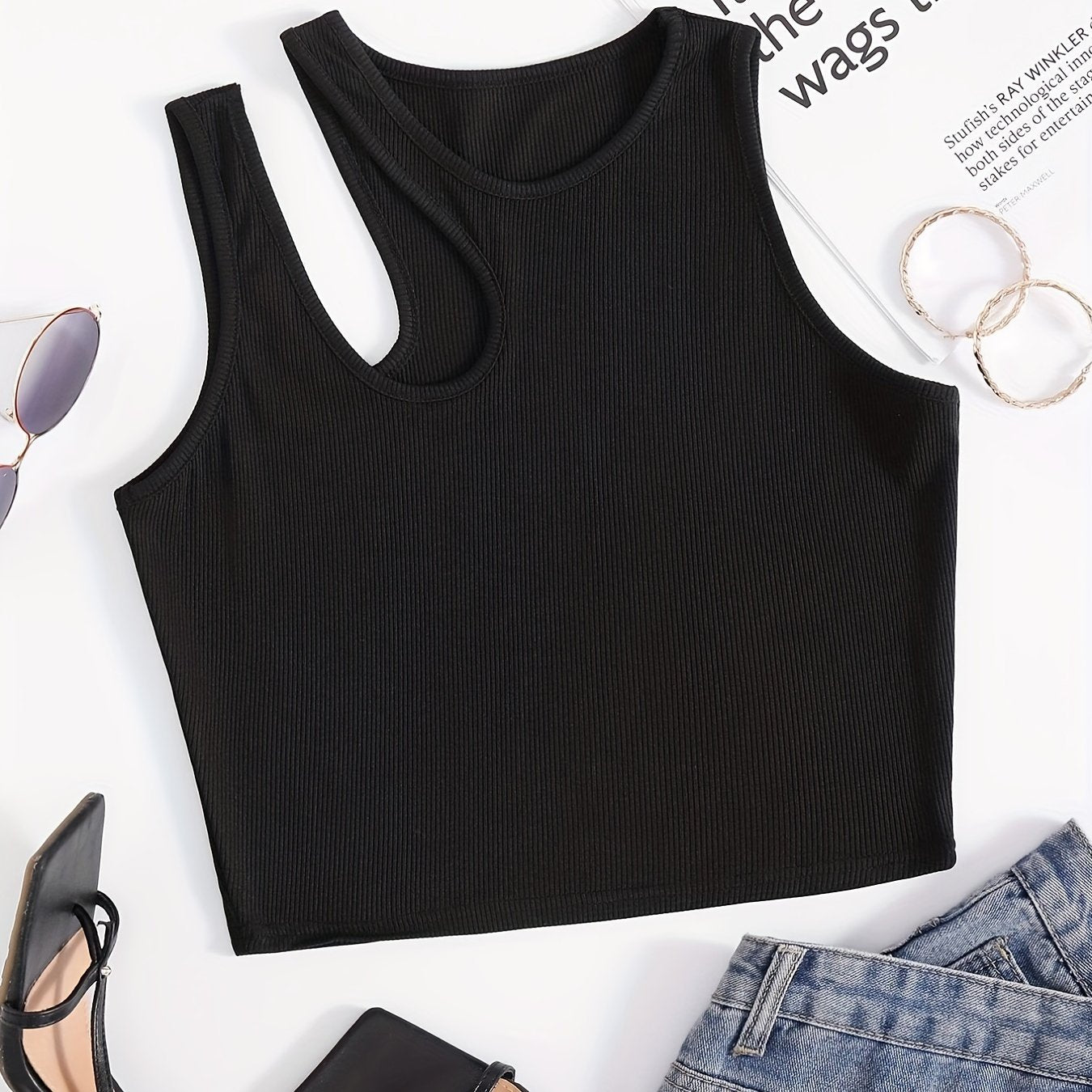 Solid Cutout Crop Tank Top Sleeveless Summer Casual Crew Neck