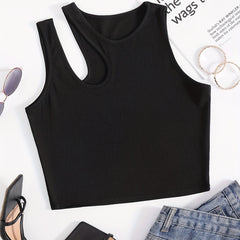 Solid Cutout Crop Tank Top Sleeveless Summer Casual Crew Neck