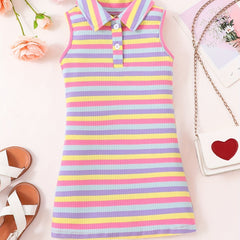 Rainbow Striped Ribbed Knit Polo Neck Dress for Toddler Girls