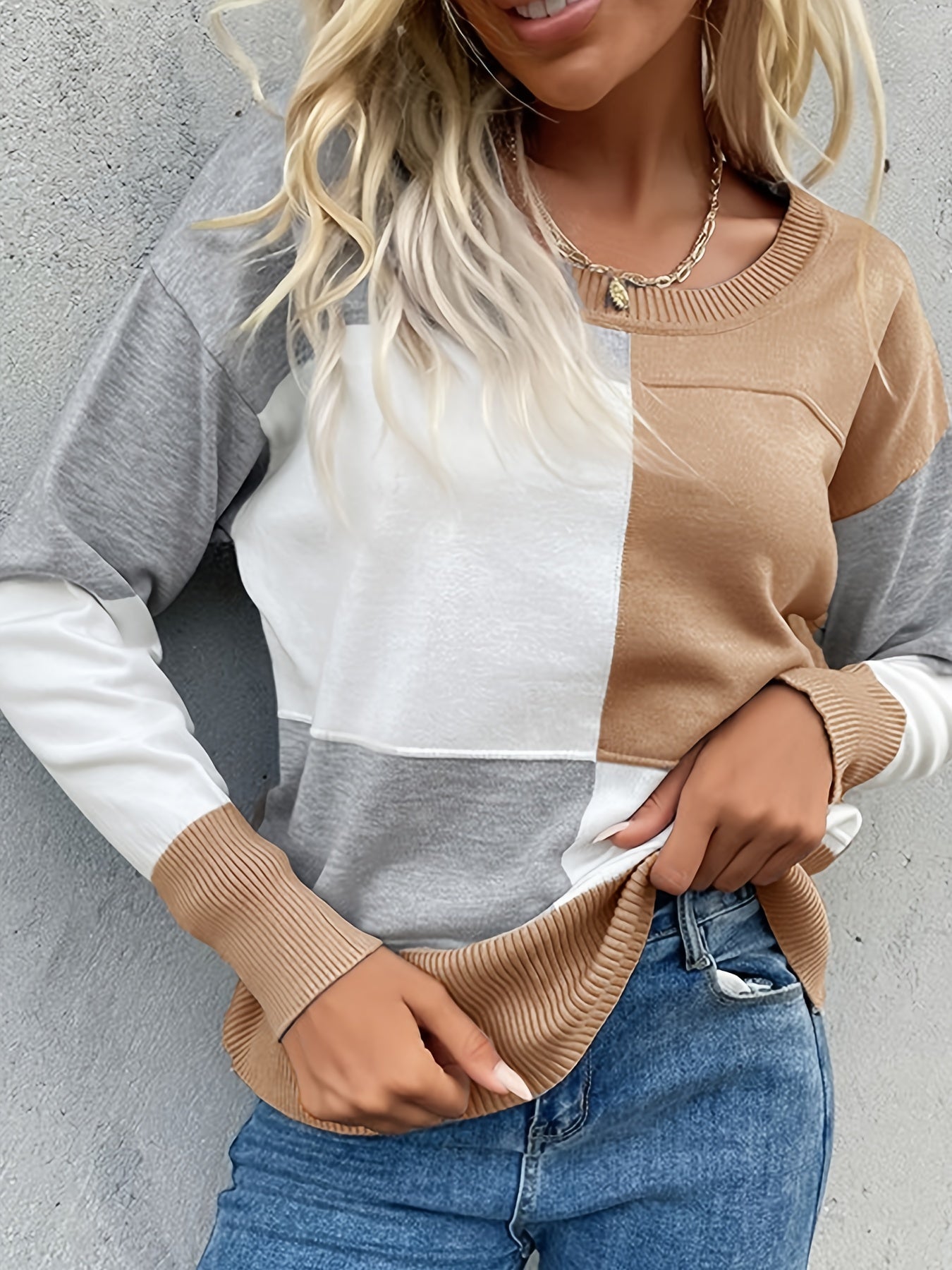 Crew Neck Knit Pullover Sweater for Women