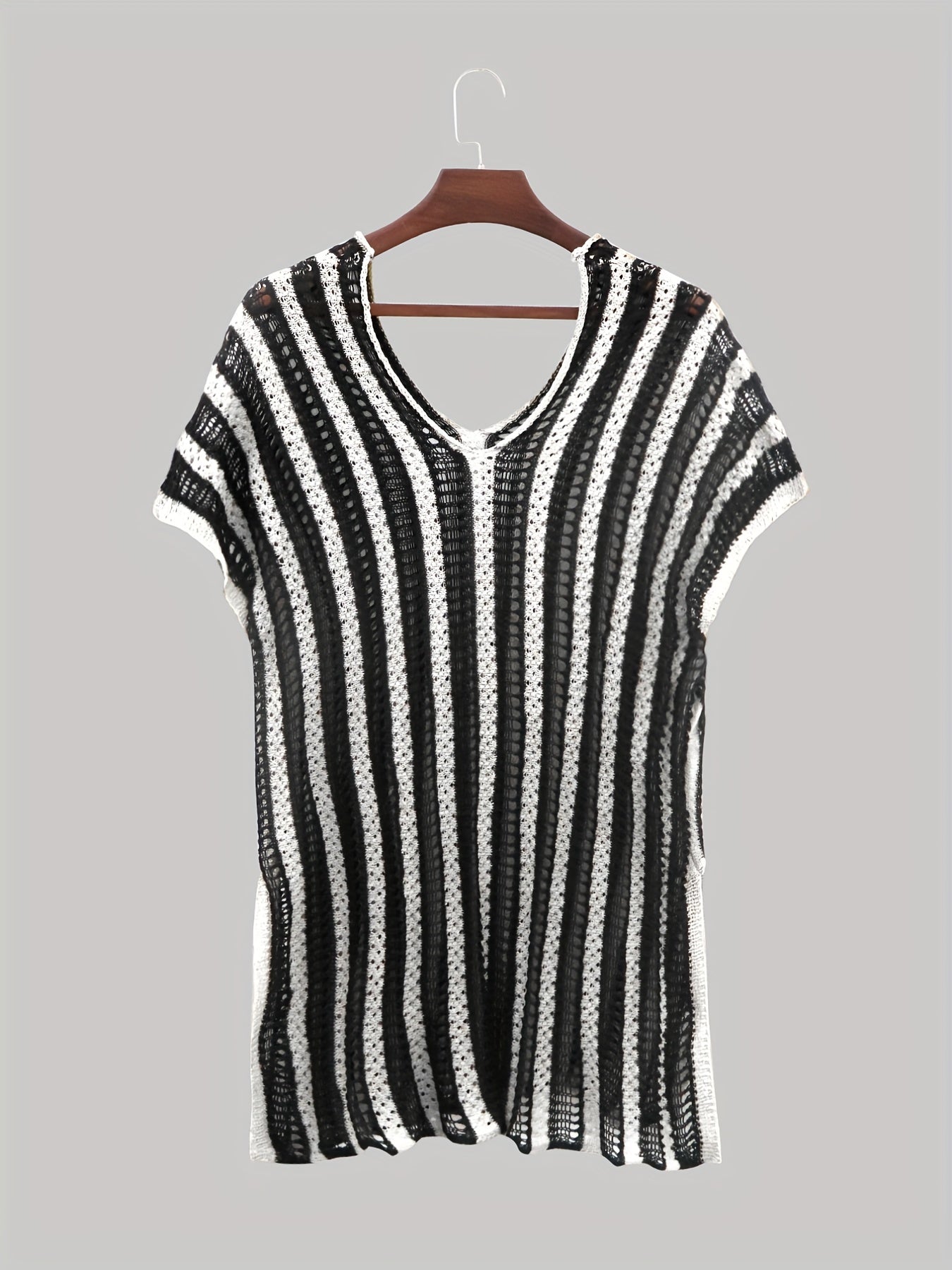 Contrast Sexy Cover Up Crochet Stripped Short Sleeve Plus Size Shirt