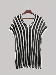 Contrast Sexy Cover Up Crochet Stripped Short Sleeve Plus Size Shirt