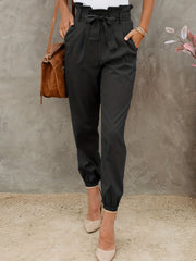 Tie Front Ruched Pants Casual High Waist With Pockets