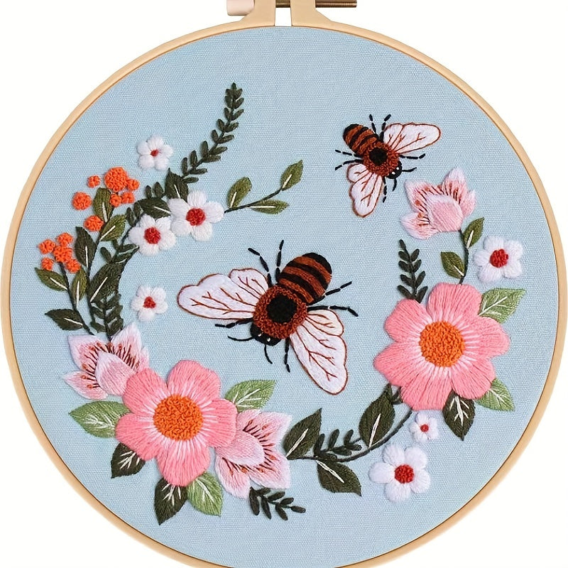 Flower Bee Embroidery Kit with Hoop DIY Cross Stitch Set