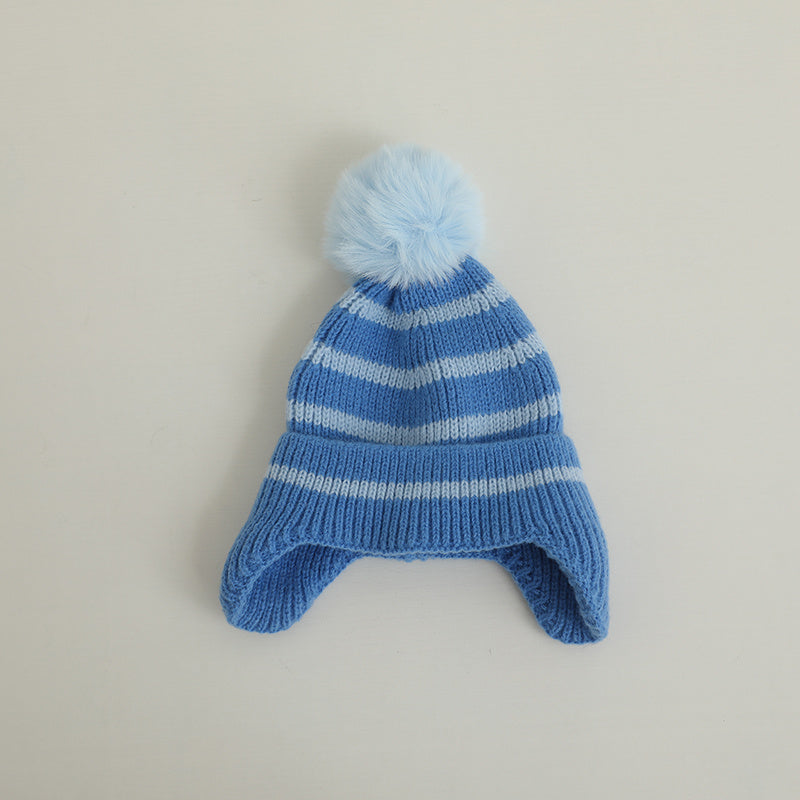 Striped Wool Ball Knitted Hat for Baby Boy and Girl