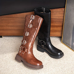 Women's Retro Knee High Buckle Strap Chunky Heeled Boots