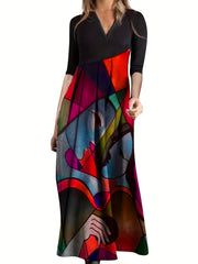 Abstract Print V Neck Dress Casual Long Sleeve Dress For Spring & Fall