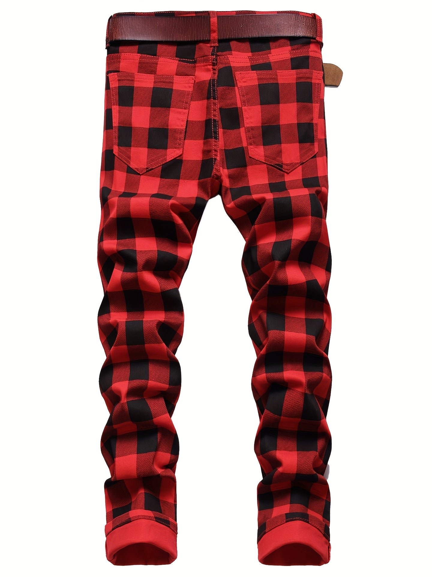 Y2K Plaid Pattern Slim Fit Jeans Vintage Style Stretch Denim Pants