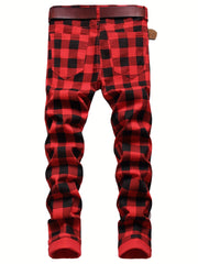 Y2K Plaid Pattern Slim Fit Jeans Vintage Style Stretch Denim Pants