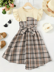 Toddler Girls Ruffle Trim Plaid Button Casual Belted Spliced Dress