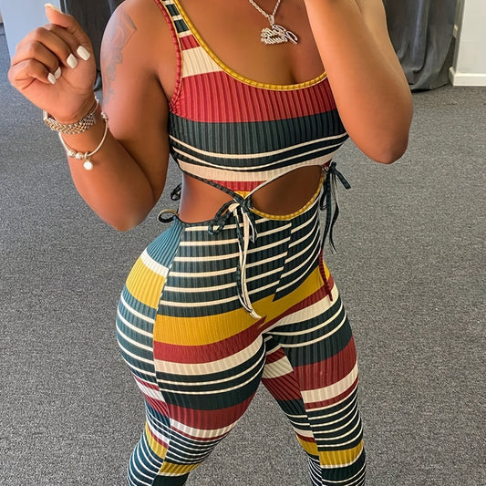 Striped Print Two piece Set Sleeveless Crop Top & High Waist Slim Pants
