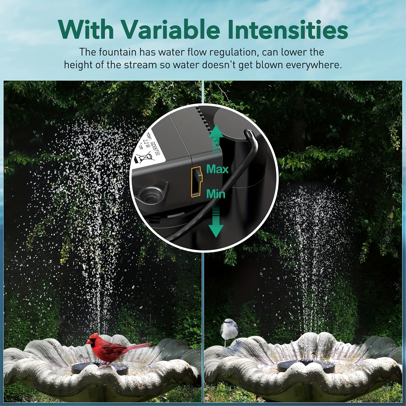 Solar Fountain 4 in 1 Nozzle 2 2W Solar Powered Pump 7 Water Styles