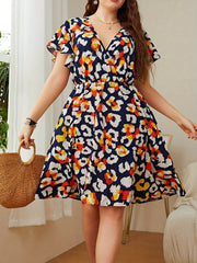Graphic Print Ruffle Trim Cap Sleeve Mini Dress Plus Size
