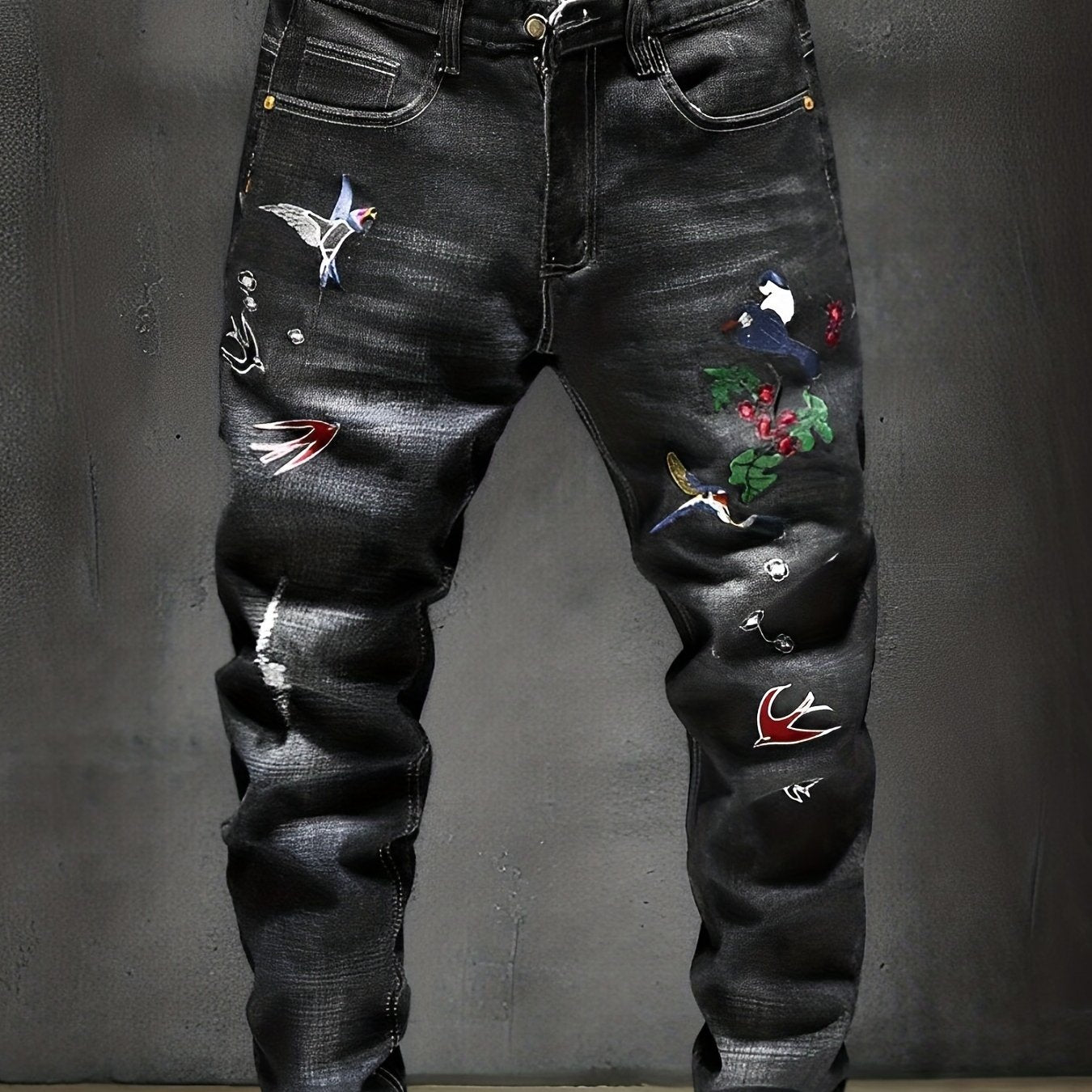 Men's Embroidered Denim Jeans Slim Straight Stretch Pants