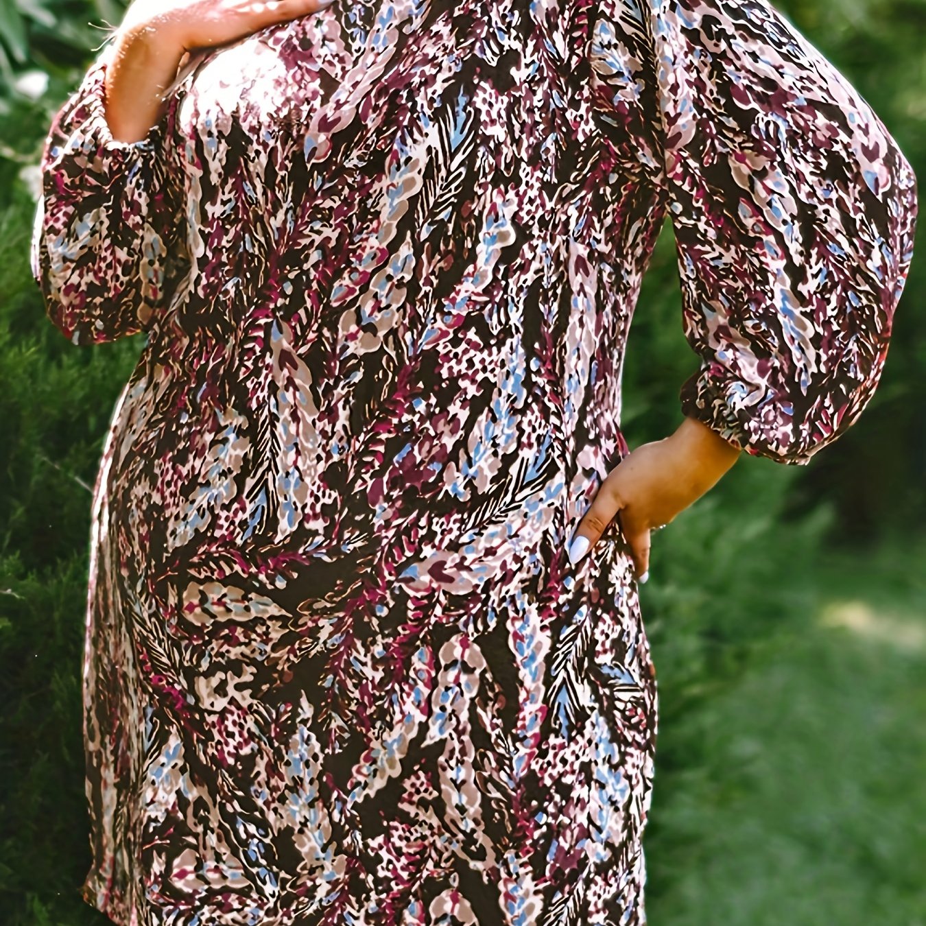 Casual Dress Women's Plus Allover Print Lantern Sleeve Round Neck Loos