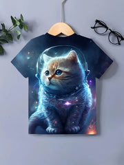 Astronaut Cat Graphic T shirt Girls Casual Short Sleeve Tees