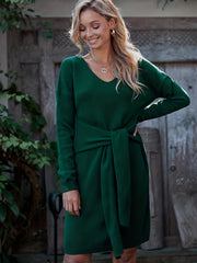 V-Neck Sweater Dress with Belt