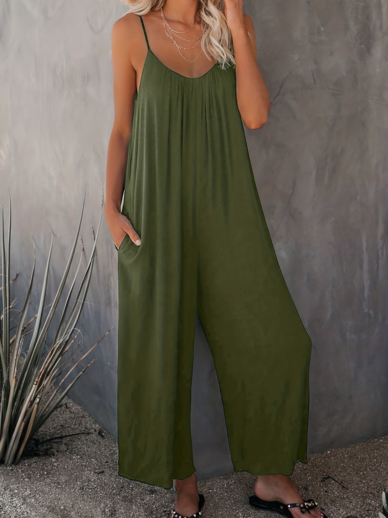 V-Neck Wide Leg Jumpsuit with Pockets