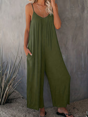 V-Neck Wide Leg Jumpsuit with Pockets